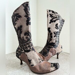 CYDWOQ Brown Leather & Calf Hair Burnout Kitten Heel Boot Size EU 39 1/2 US 9.5